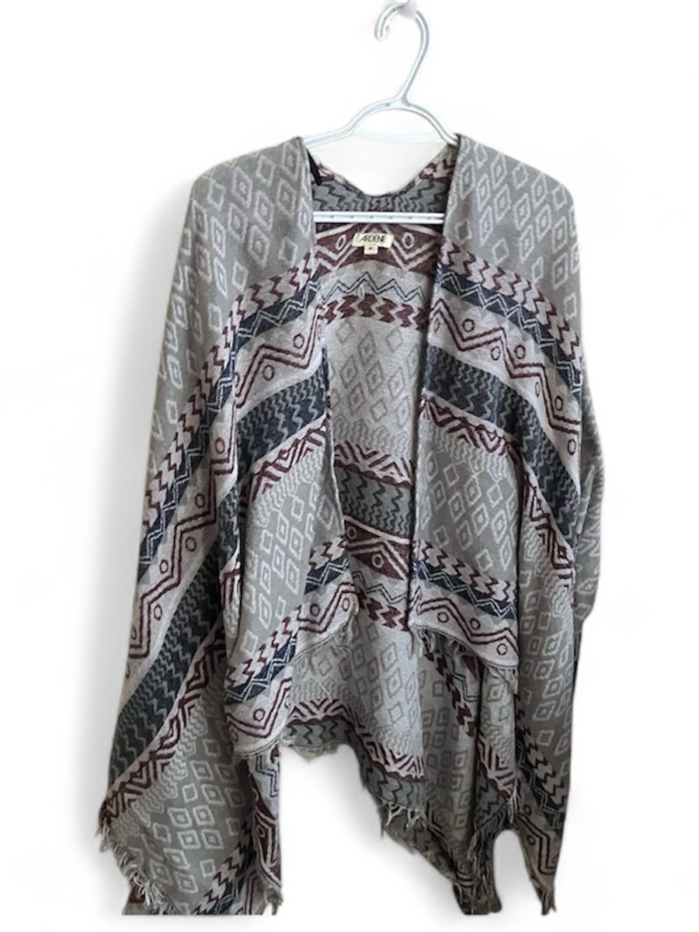 Ardene Gray Poncho with Burgundy & Navy Geometric Accents
